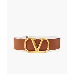 Valentino Tan/white Leather Belt with Gold hammered Logo Buckle